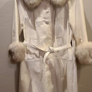 Vintage white leather coat with real fur collar and cuffs